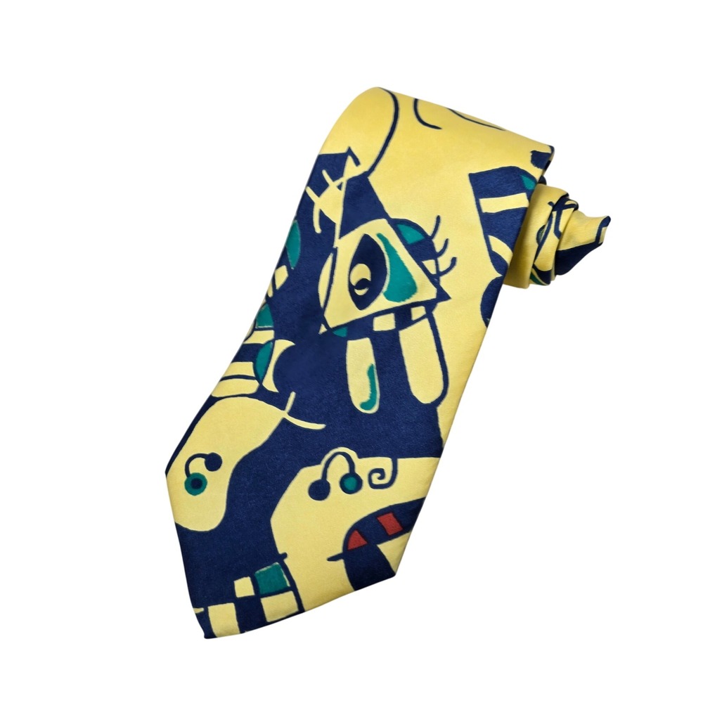 Vintage Lands End Silk Tie Mens Yellow Navy Abstract Geometric Picasso Hand Sewn